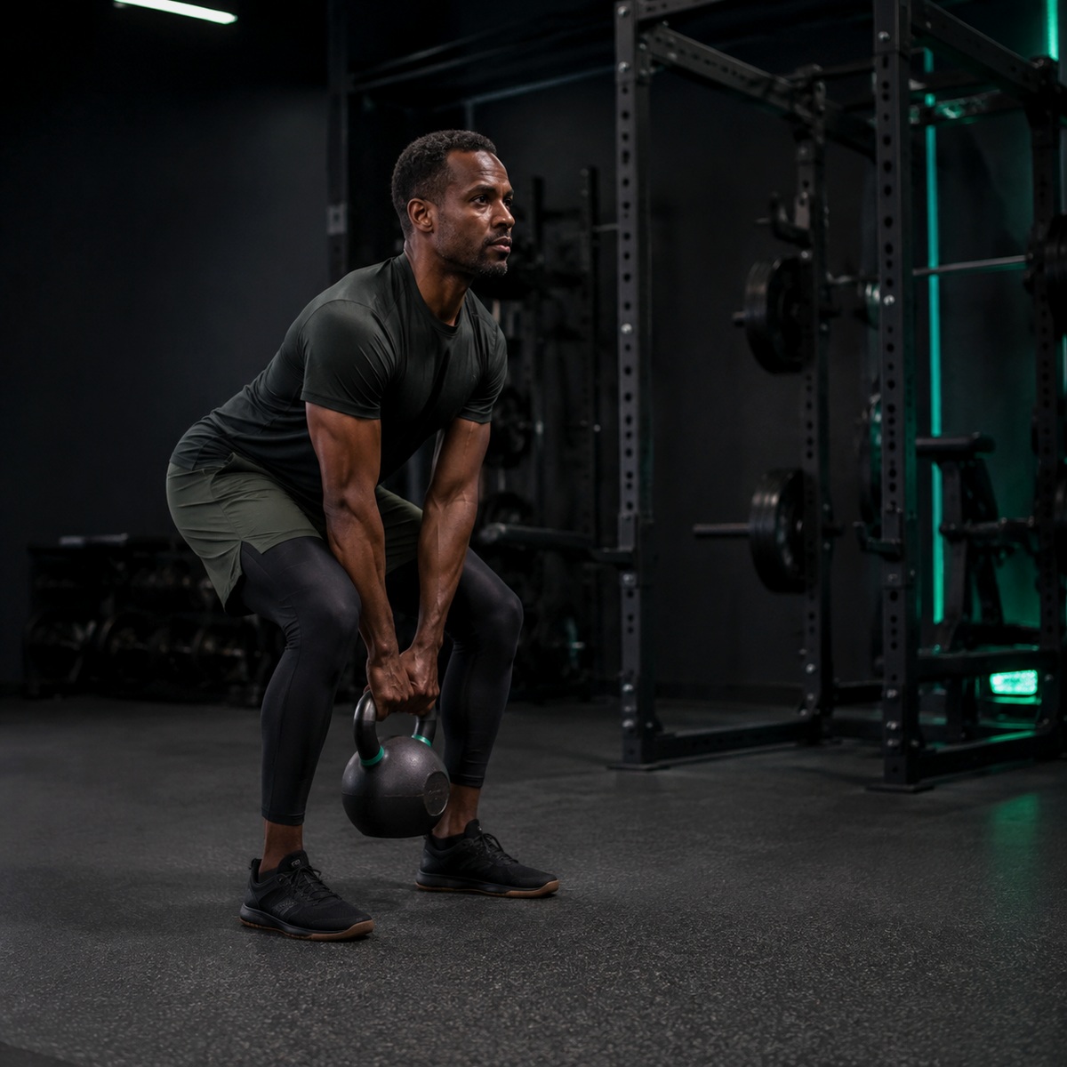 Athlete performing a kettlebell lift in a gym