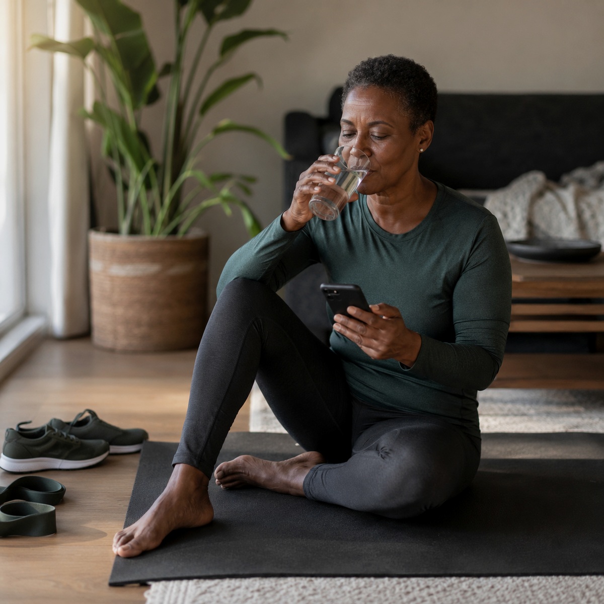 Person taking a water break after a home workout