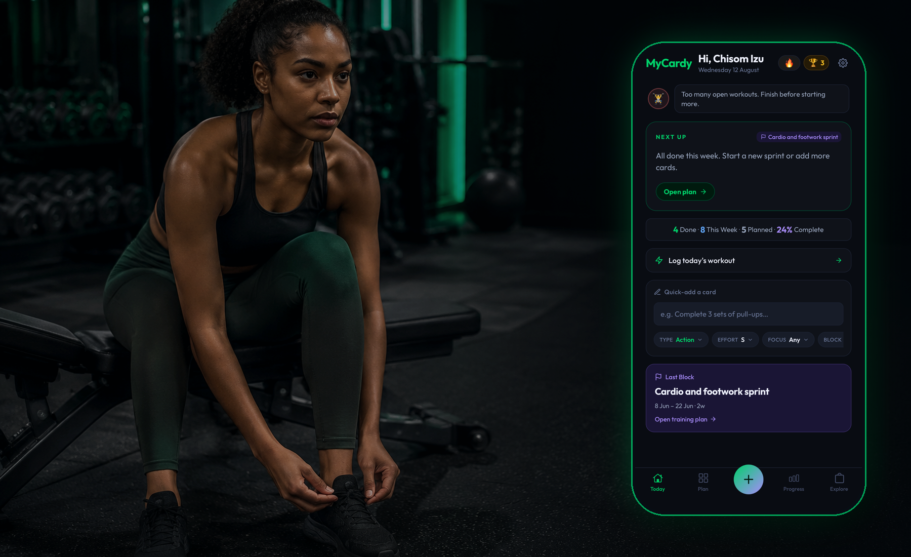 Woman preparing for a workout beside the MyCardy Fitness App